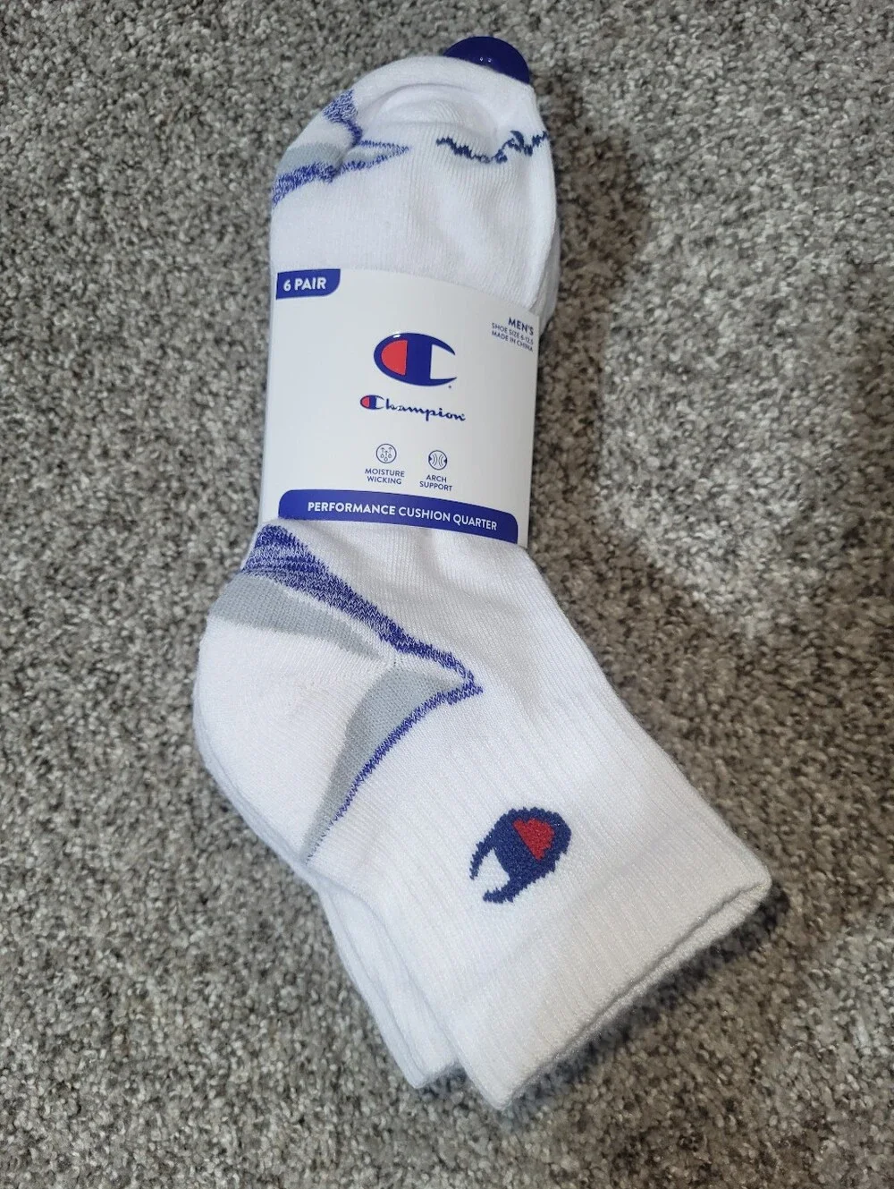 Champion Mens Size 6-12.5 Performance Cushioned Quarter Socks White Blue Logo.